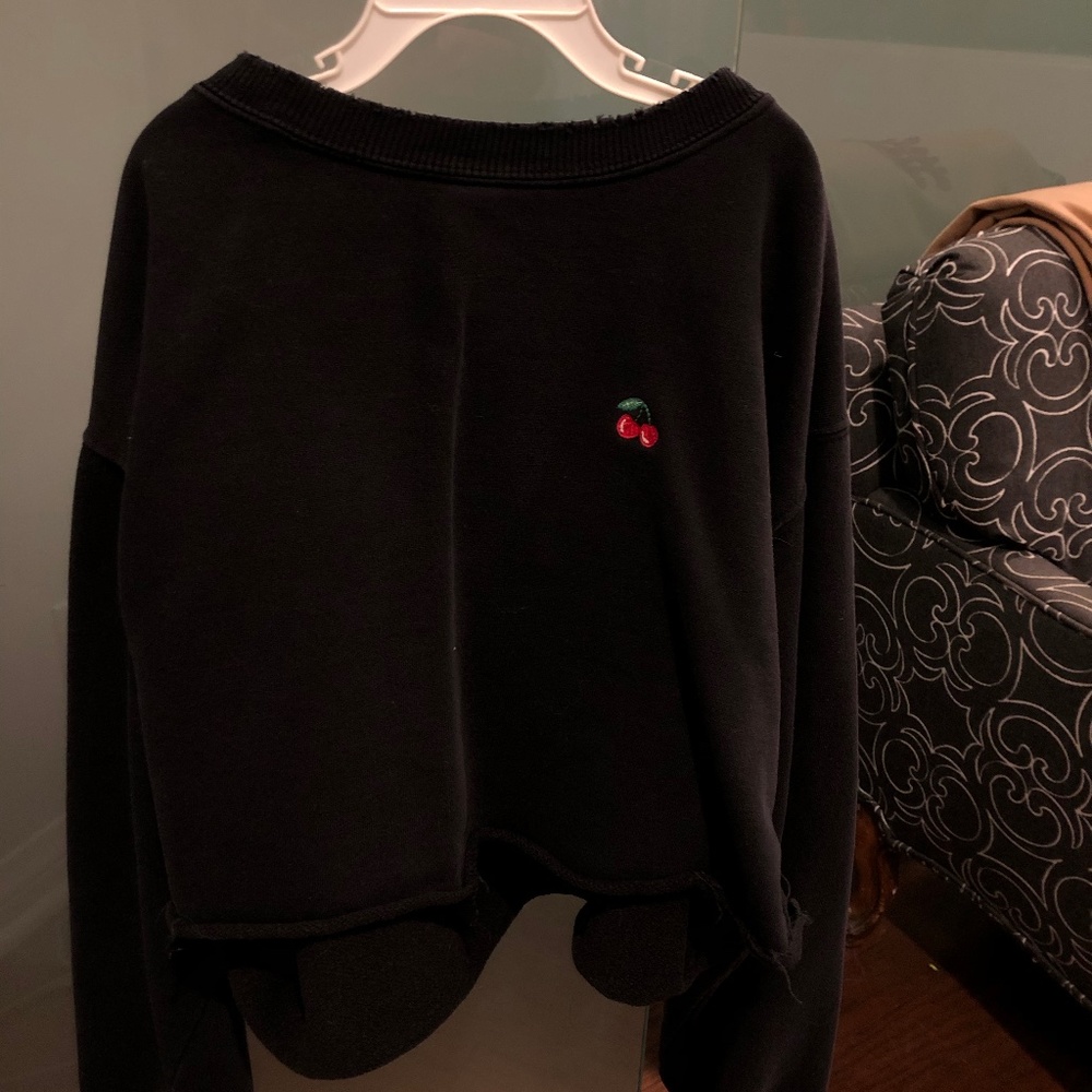 Brandy Melville Black Cropped Hoodie Cherry Detail